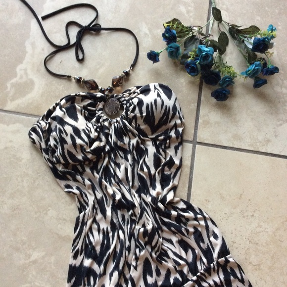 🎀 ANIMAL PRINT DRESS TRIBAL HALTER BEADED BOHO SHORT SMALL PETITE PADDED TOP - Picture 9 of 9